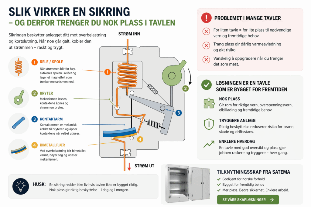 Illustrasjon som viser hvordan en automatsikring kobler ut ved overbelastning og kortslutning